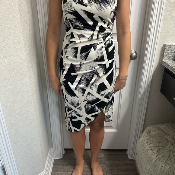 Bebe Black and White Asymmetrical Ruched Cocktail Dress - Picture 1 of 8